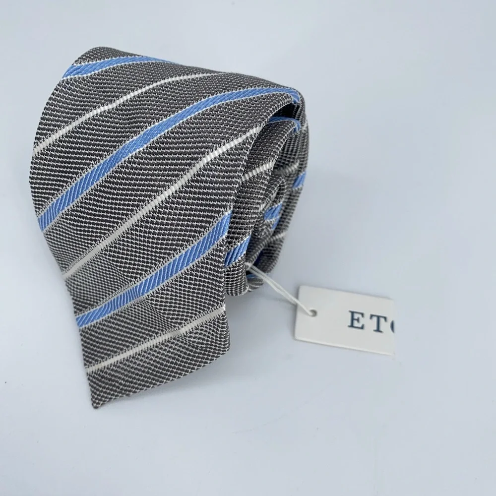Eton Tie Mens One Size Gray White Striped‎ Silk Classic Knit Necktie Italy Made